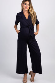 Navy Short Sleeve Collared Utility Maternity Jumpsuit