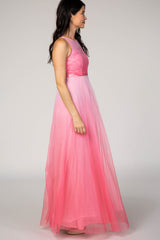 Pink Tulle Ombre Mesh Evening Gown