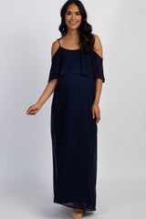 Navy Chiffon Open Shoulder Layered Maternity Maxi Dress