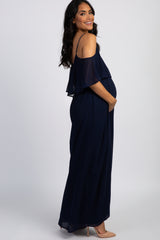 Navy Chiffon Open Shoulder Layered Maternity Maxi Dress