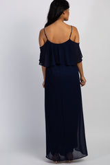 Navy Chiffon Open Shoulder Layered Maternity Maxi Dress