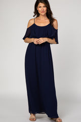 Navy Chiffon Open Shoulder Layered Maternity Maxi Dress