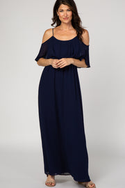 Navy Chiffon Open Shoulder Layered Maxi Dress