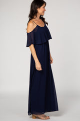 Navy Chiffon Open Shoulder Layered Maxi Dress