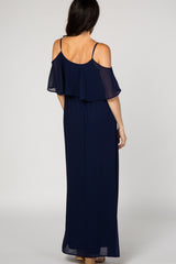 Navy Chiffon Open Shoulder Layered Maxi Dress