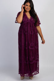 Dark Burgundy Lace Mesh Overlay Plus Maxi Dress