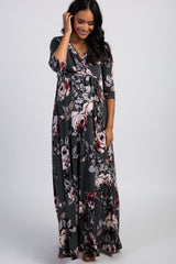 PinkBlush Forest Green Rose Print Sash Tie Maternity Maxi Dress