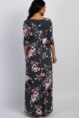 PinkBlush Forest Green Rose Print Sash Tie Maternity Maxi Dress