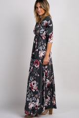 PinkBlush Forest Green Rose Print Sash Tie Maxi Dress