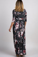 PinkBlush Forest Green Rose Print Sash Tie Maxi Dress