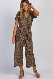 Brown Leopard Short Sleeve Tie Jumpsuit