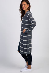 Charcoal Grey Striped Knit Long Cardigan