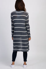 Charcoal Grey Striped Knit Long Cardigan