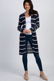 Navy Striped Knit Long Cardigan