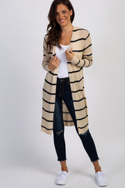 Beige Striped Knit Long Cardigan