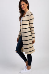 Beige Striped Knit Long Cardigan