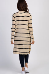 Beige Striped Knit Long Cardigan