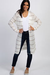 Heather Grey Striped Knit Long Maternity Cardigan