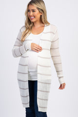 Heather Grey Striped Knit Long Maternity Cardigan