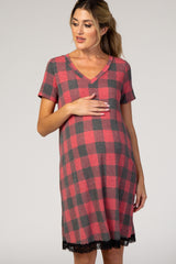 PinkBlush Red Plaid Lace Trim V-Neck Maternity Sleep Dress