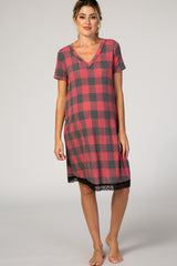 PinkBlush Red Plaid Lace Trim V-Neck Maternity Sleep Dress