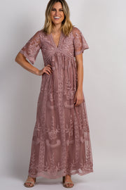 Dark Mauve Lace Mesh Overlay Maxi Dress