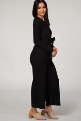 Black Ribbed Knit Long Sleeve Wide Leg Jumpsuit