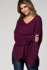 Purple Fuzzy V-Neck Hi-Low Sweater