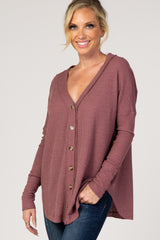 Mauve Waffle Knit Button Front Top