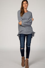 Charcoal Ribbed Side Tie Bubble Long Sleeve Top