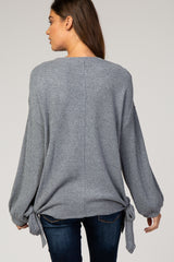 Charcoal Ribbed Side Tie Bubble Long Sleeve Top