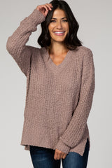 Mocha Popcorn Knit V-Neck Sweater