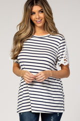 Navy Striped Crochet Sleeves Top