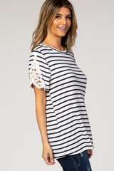 Navy Striped Crochet Sleeves Top