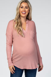 Mauve Waffle Knit V-Neck Long Sleeve Maternity Top