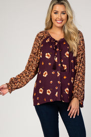 Plum Floral Tie Front Puff Sleeve Maternity Blouse