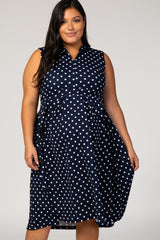 Navy Polka Dot Pleated Maternity Plus Dress