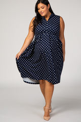 Navy Polka Dot Pleated Maternity Plus Dress