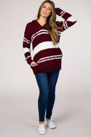 Burgundy Striped Popcorn Hooded Maternity Sweater