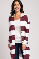 Burgundy Striped Button Front Maternity Cardigan