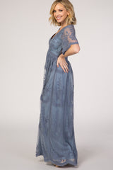 PinkBlush Blue Lace Mesh Overlay Maxi Dress