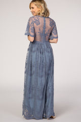 PinkBlush Blue Lace Mesh Overlay Maxi Dress