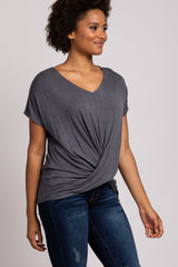 Charcoal Draped Hem V-Neck Short Sleeve Top