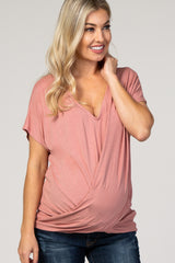 Mauve Draped Hem V-Neck Short Sleeve Maternity Top