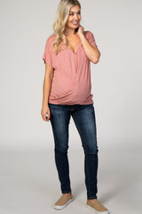 Mauve Draped Hem V-Neck Short Sleeve Maternity Top