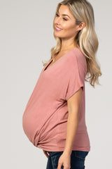 Mauve Draped Hem V-Neck Short Sleeve Maternity Top