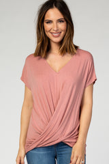 Mauve Draped Hem V-Neck Short Sleeve Maternity Top