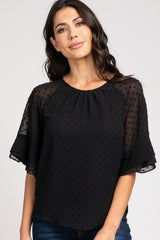 Black Chiffon Swiss Dot Ruffle Sleeve Top