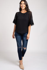 Black Chiffon Swiss Dot Ruffle Sleeve Top