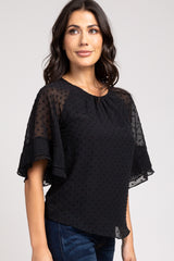 Black Chiffon Swiss Dot Ruffle Sleeve Top